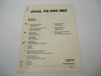 Stihl FS 340 360 Freischneider Ersatzteilliste Spare Parts List Liste pieces 87