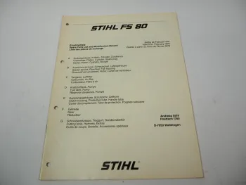 Stihl FS 80 Freischneider Ersatzteilliste Spare Parts List Liste des pieces 1979