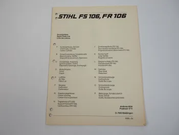 Stihl FS106 FR106 Freischneider Ersatzteilliste Spare Parts List 1988