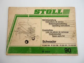 Stoll R 285 315 335 415 DS Schwader Betriebsanleitung Ersatzteilliste 1990