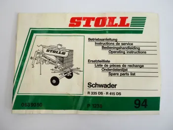 Stoll R335DS R415DS Schwader Bedienungsanleitung Ersatzteilliste 1994