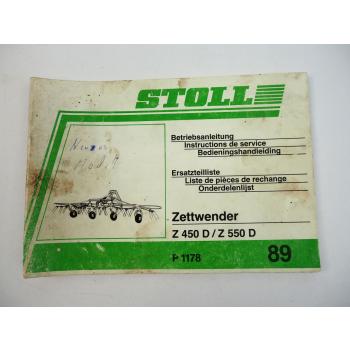 Stoll Z450D Z550D Zettwender Bedienungsanleitung Ersatzteilliste 1989