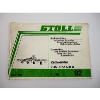 Stoll Z450D Z550D Zettwender Bedienungsanleitung Ersatzteilliste 1992