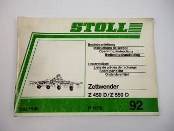 Stoll Z450D Z550D Zettwender Bedienungsanleitung Ersatzteilliste 1992