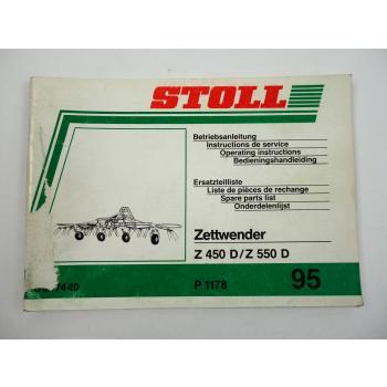 Stoll Z450D Z550D Zettwender Bedienungsanleitung Ersatzteilliste 1995