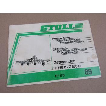 Stoll Z450D Z550D Zettwender Betriebsanleitung Ersatzteilliste 1989