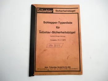 Tritschler Schlepper Typenliste für Sicherheitsbügel 1976 Aschaffenburg