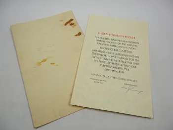 Urkunde 1954 Adam Opel AG Anerkennung für 100.000 km im Opelwagen