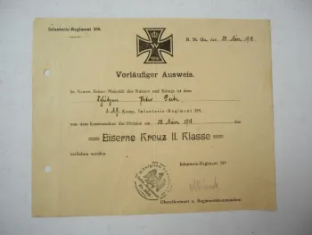 Urkunde Eisernes Kreuz EK2 1918 2. MG Komp. Infanterie Regiment 359