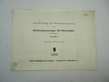 VEB RFT Fernmeldewerk Leipzig RM11 Blinker f. Motorrad Montageanleitung 1956 DDR