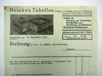 Verlag C. L. Krüger GmbH Dortmund Bumkes Tabellen Rechnung 1935