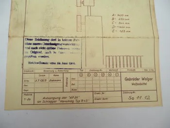 Welger AP20 Presse Anhängung an Hanomag R45 Technische Zeichnung 1959