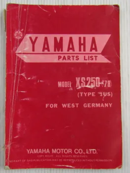 Yamaha XS250 Model Year 1978 Type 1U5 for W. Germany Spare Parts List Catalog