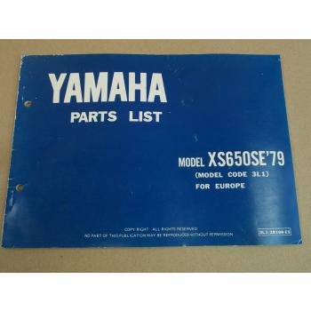 Yamaha XS650SE Model Year 1979 Type 3L1 for Europe Spare Parts List Catalog