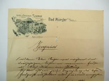 Zeugnis Firmenbrief Hotel Schwan Bad Münster Bad Kreuznach Rheinland Pfalz 1901