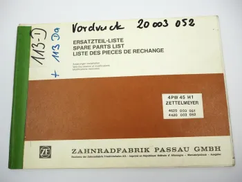 ZF 4 PW 45 H1 Planeten Wendegetriebe Ersatzteilliste Zettelmeyer Parts List 10/83