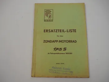 Zündapp 175S Motorrad Ersatzteilliste Ersatzteilkatalog 1956