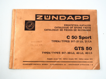 Zündapp C50 Sport GTS50 Typ 517 Motorrad Ersatzteilliste Ersatzteilkatalog 1975