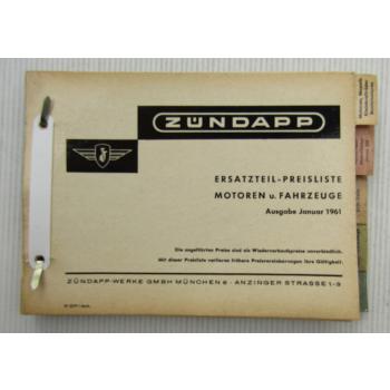 Zündapp Ersatzteil-Preisliste für Motoren und Fahrzeuge Januar 1961
